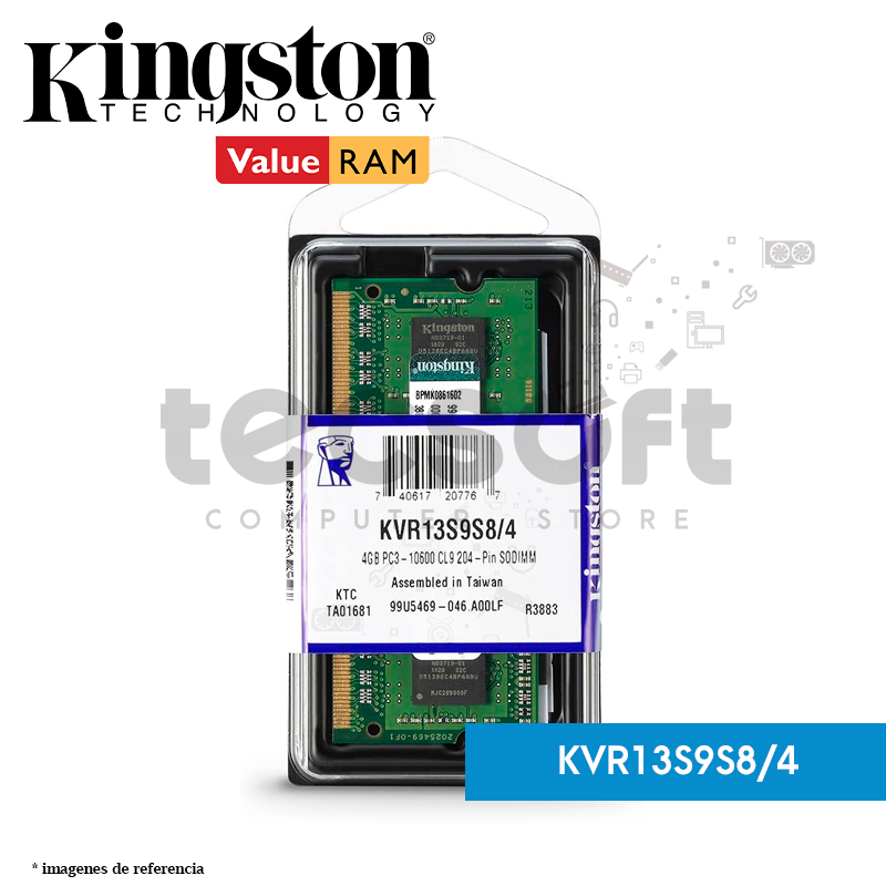 Memoria RAM, 4GB 1333MHz DDR3 Non-ECC CL9 SODIMM 1Rx8 (KVR13S9S8/4)
