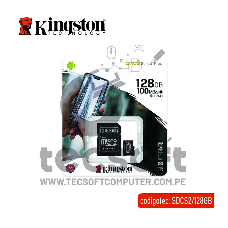MEMORIA MICRO-SD 128GB KINGSTON CANVAS SELECT PLUS, CON ADAPTADOR SD –  SDCS2/128GB (1801127) – SAHUA Perú