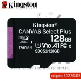 MEMORIA MICRO-SD 128GB KINGSTON CANVAS SELECT PLUS, CON ADAPTADOR SD –  SDCS2/128GB (1801127) – SAHUA Perú