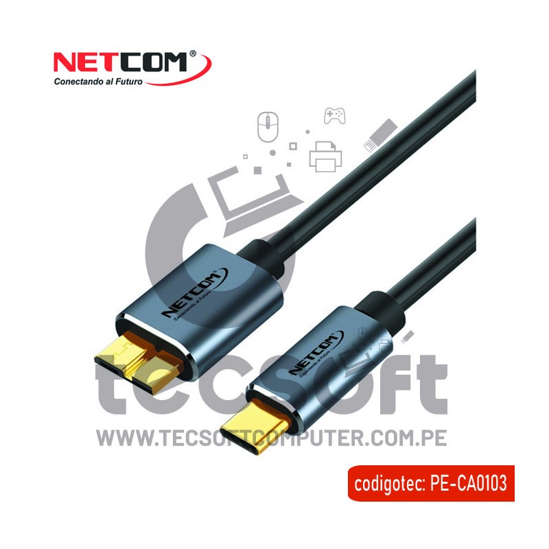 CABLE USB 3.1 TIPO C A MICRO B PARA DISCO DURO EXTERNO Y MAS DE 30  CENTIMETROS CON CONECTORES DE ALUMINIO NETCOM